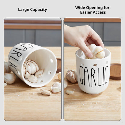 CMLKLZD Ceramic Garlic Keeper for Counter, Large Garlic Holder with Acacia Wood Lid, Farmhouse Garlic Storage Container, Garlic Saver for Kitchen, White