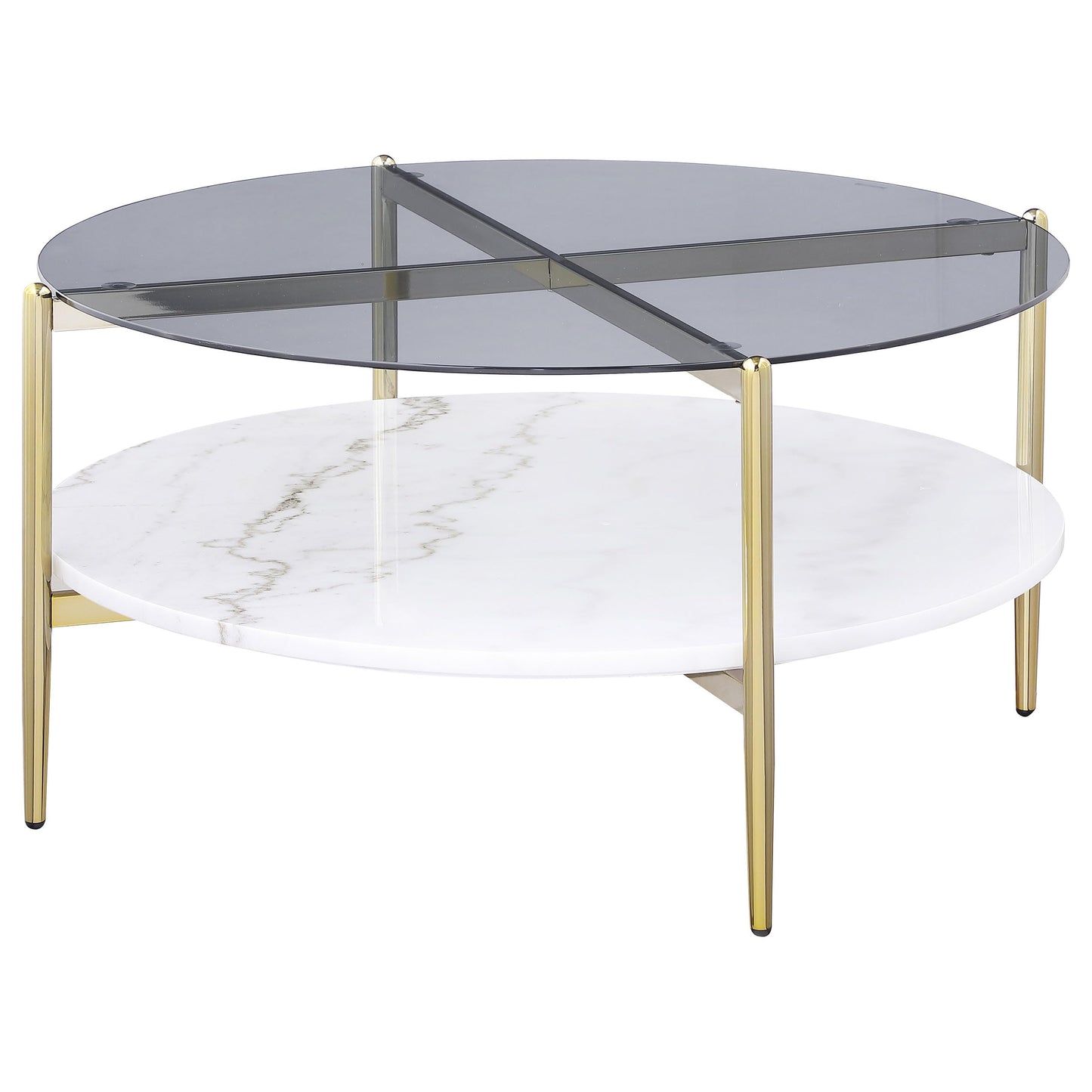Coaster Home Furnishings - Jonelle - Round Coffee Table with Glass Top, White Marble Shelf and Gold Chrome Frame - Living Room - 33-Inch - Smoke - 710338