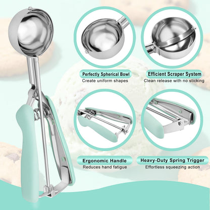 Cookie Scoops for Baking Set of 2, 18/8 Stainless Steel Ice Cream Scoop Set with Ergonomic Soft Grip, Spring Trigger Release Cookie Dough Scooper for Cupcakes, Muffins, Meatballs - Pink & Mint Green
