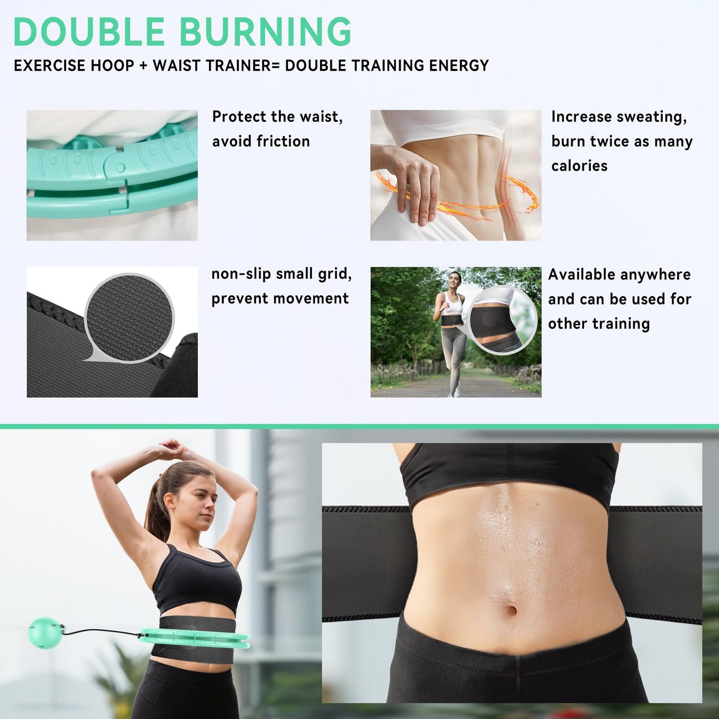 Hula Hoops for Adults Weight Loss，Infinity Weighted Hoop Plus Size with Sweat Belt，Weighted Hula Hoop Waist Trainers for Women at Home Workout Equipment (Vigorous Cyan)
