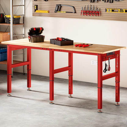 SPECRAFT 72" Red Adjustable Heavy Duty Workbench with 4 AC Outlet and 2 USB Ports Power Outlets, 6000 Lbs Capacity, Rubber Wood Top for Garage, Workshop, Office