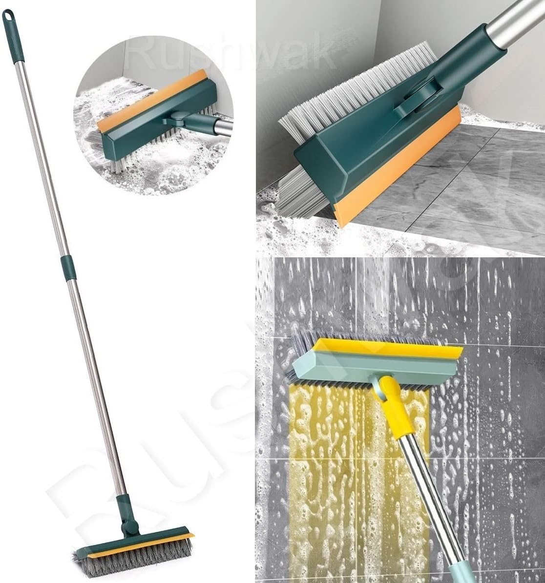 Rushwak 3 1 180 in Long Handle Bathroom Cleaning Brush with Wiper, Rotate for Floor/Toilet Cleaning (Multicolor)