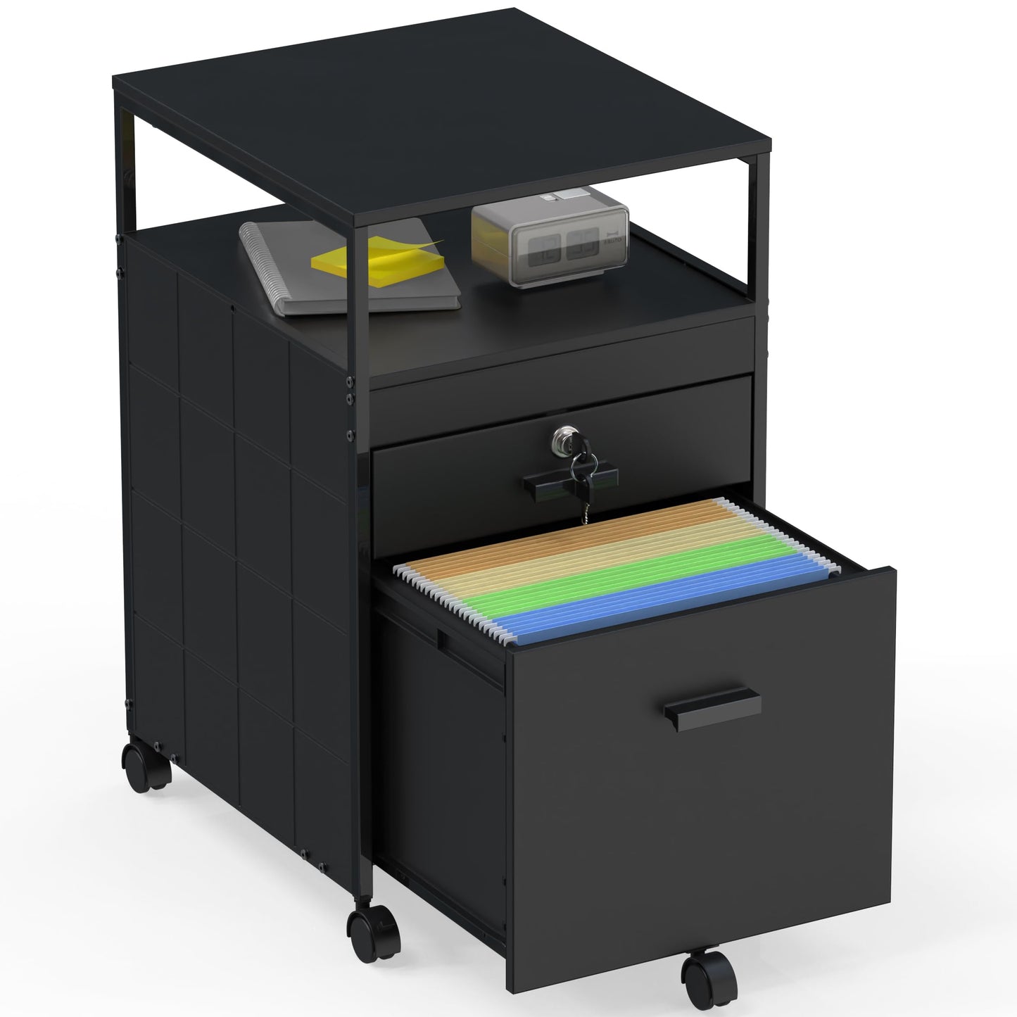 SHW Box File Rolling Mobile Cabinet with Open Shelf and Lockable Drawer, Black
