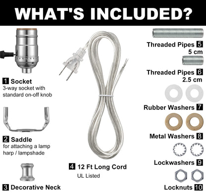 Lamp Kits for Do It Yourself, Lamp Rewire Kit with 3-Way Lamp Socket and Essential Hardware, 12 FT Lamp Cord Replacement, Lamp Repair Kit for Table Lamps, Lamp Wiring Kit, Lamp Parts (Silver)