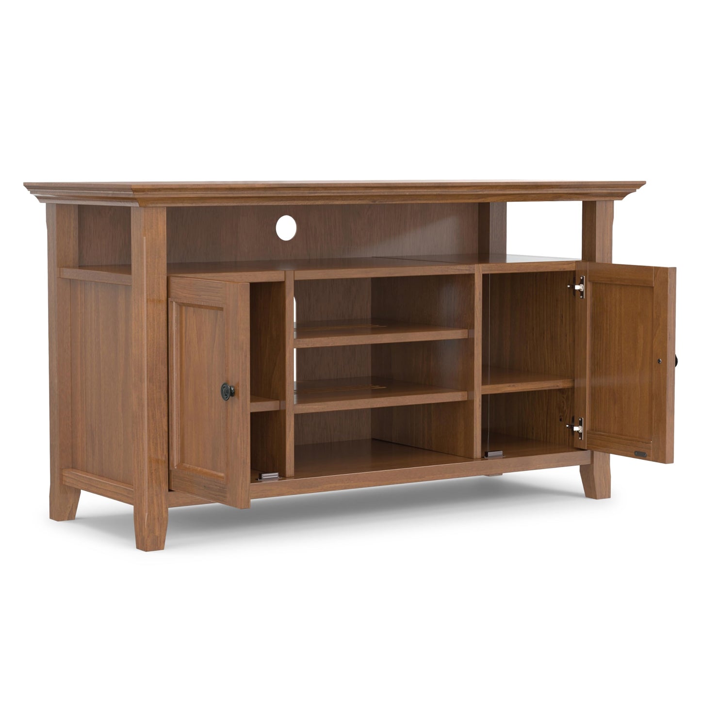SIMPLIHOME Amherst TV Stand - 54 inch Wide Solid Wood Media Console in Medium Saddle Brown, Transitional Entertainment Center for Living Room for TVs up to 60 Inches with Shelves and Cable Management