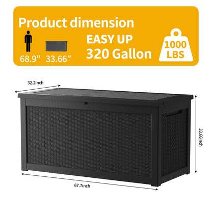 TARKARI 320 Gallon Lockable Resin Deck Box, Waterproof & UV-Resistant Outdoor Storage Box for Outdoor Cushion Storage, Garden Tools & Pool Accessories Storage, Black