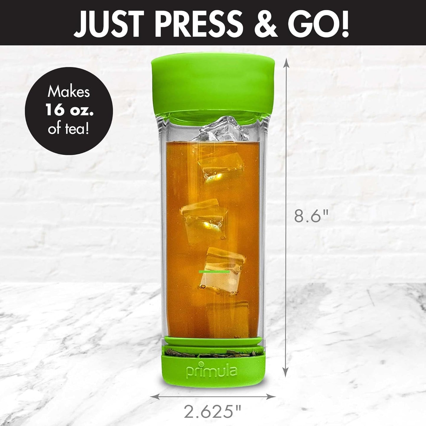 Primula Press and Go Iced Tea Maker, 16-Ounce Travel Tumbler, Green Infuser Bottle, Leak-proof Lid, Dishwasher Safe