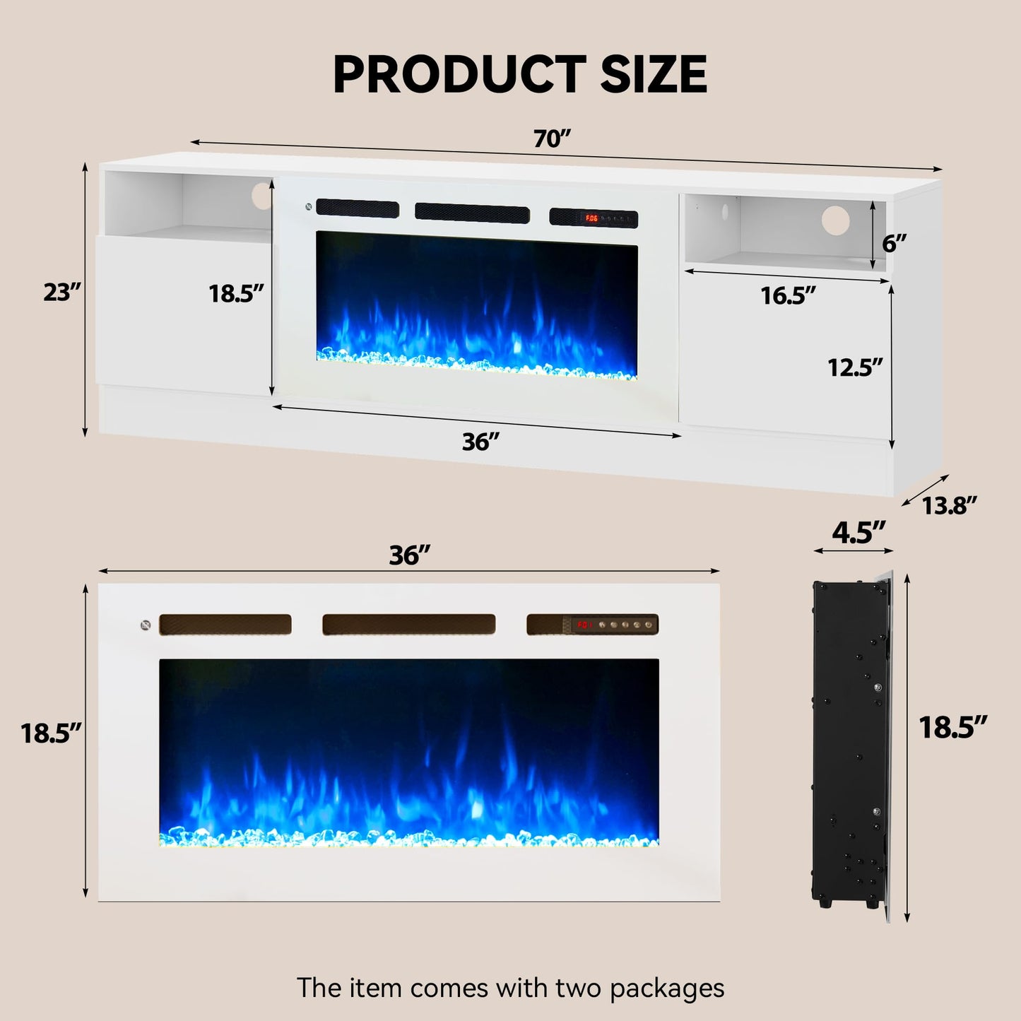 OneBlis 70" Fireplace TV Stand, LED Light Entertainment Center for TVs Up to 80", High-Gloss Door, Modern TV Console for Living Room with Storage Cabinet, White+White