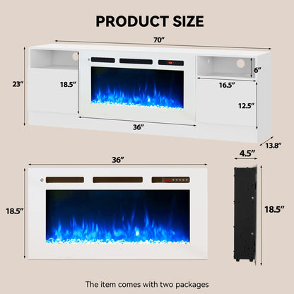 OneBlis 70" Fireplace TV Stand, LED Light Entertainment Center for TVs Up to 80", High-Gloss Door, Modern TV Console for Living Room with Storage Cabinet, White+White