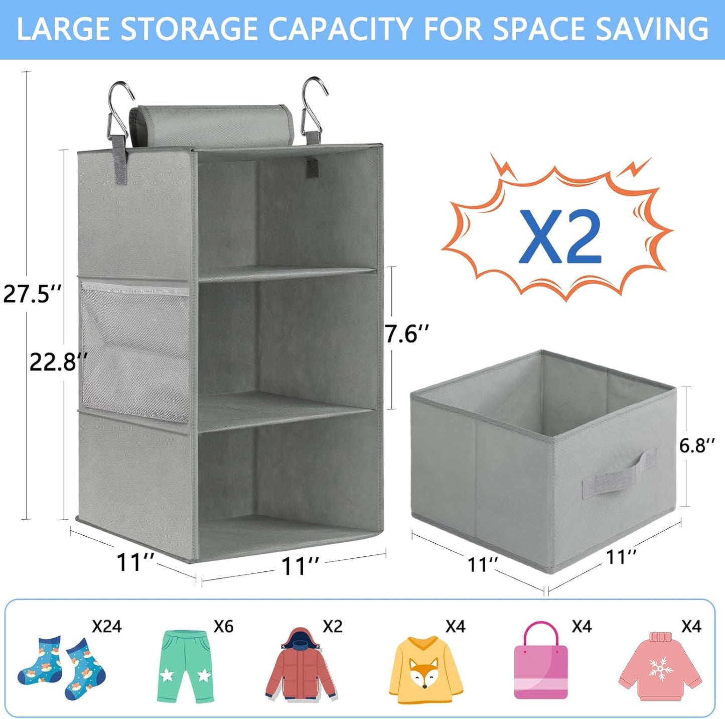 3-Shelf Closet 2 Pack Closet Closet 22.8" 11" 11" punemi Hanging Organizer, Hanging Organizer with Drawers, Foldable