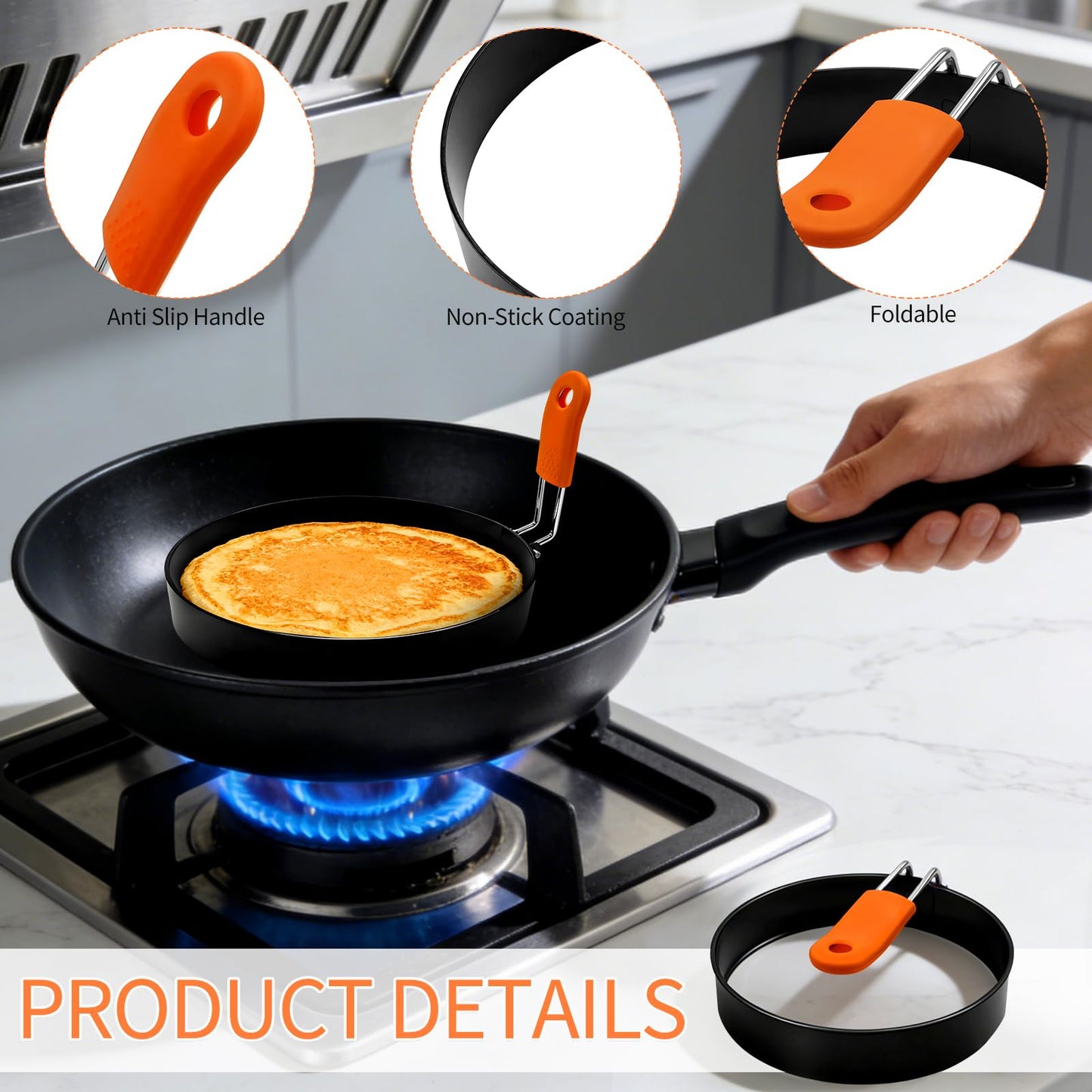 Jibrelxion 4 Pack Professional Egg Ring Set, Stainless Steel Griddle Pancake Shapers, Round Fried Egg Molds with Orange Silicone Handle for Cooking, Breakfast, Omelette and Sandwich, (4,6 Inch)