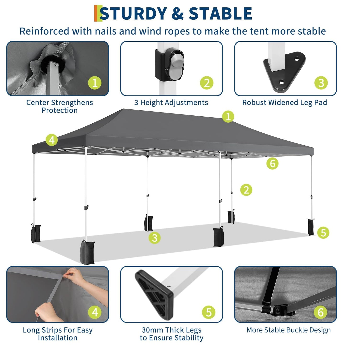 10x20 Pop Up Canopy Tent – Heavy Duty Party Tent with 6 Removable Sidewalls, 6 Sand Bags & Roller Bag, Waterproof UV-Protective Tents for Parties, Adjustable Height Instant Shelter
