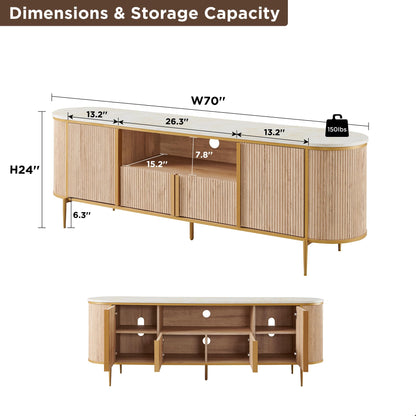 OKD 70" Fluted TV Stand with Storage, Faux Marble Top Entertainment Center for TVs Up to 80", Modern Curved Edge Media Console Cabinet for Living Room, Natural Oak