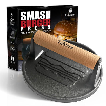 Tulvera Smash Burger Press | Cast Iron Hamburger Smasher Tool | Flat-Edge Meat Press for Hamburgers, Bacon, Outdoor Kitchen | Griddle & Grilling Accessories | Pre-Seasoned | 6.1”