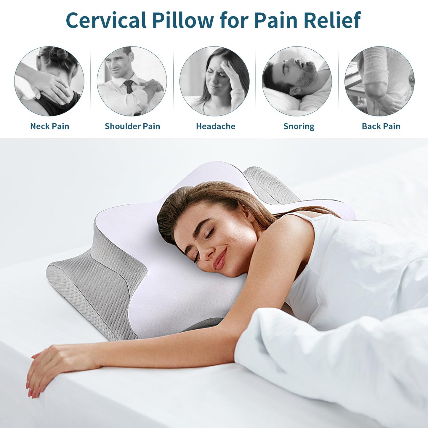 Cervical Neck Pillow for Pain Relief, Ergonomic Pillow for Sleeping, Contour Memory Foam Pillows for Shoulder Pain, Orthopedic Bed Pillows Neck Support for Side Back Stomach Sleepers with Pillowcase