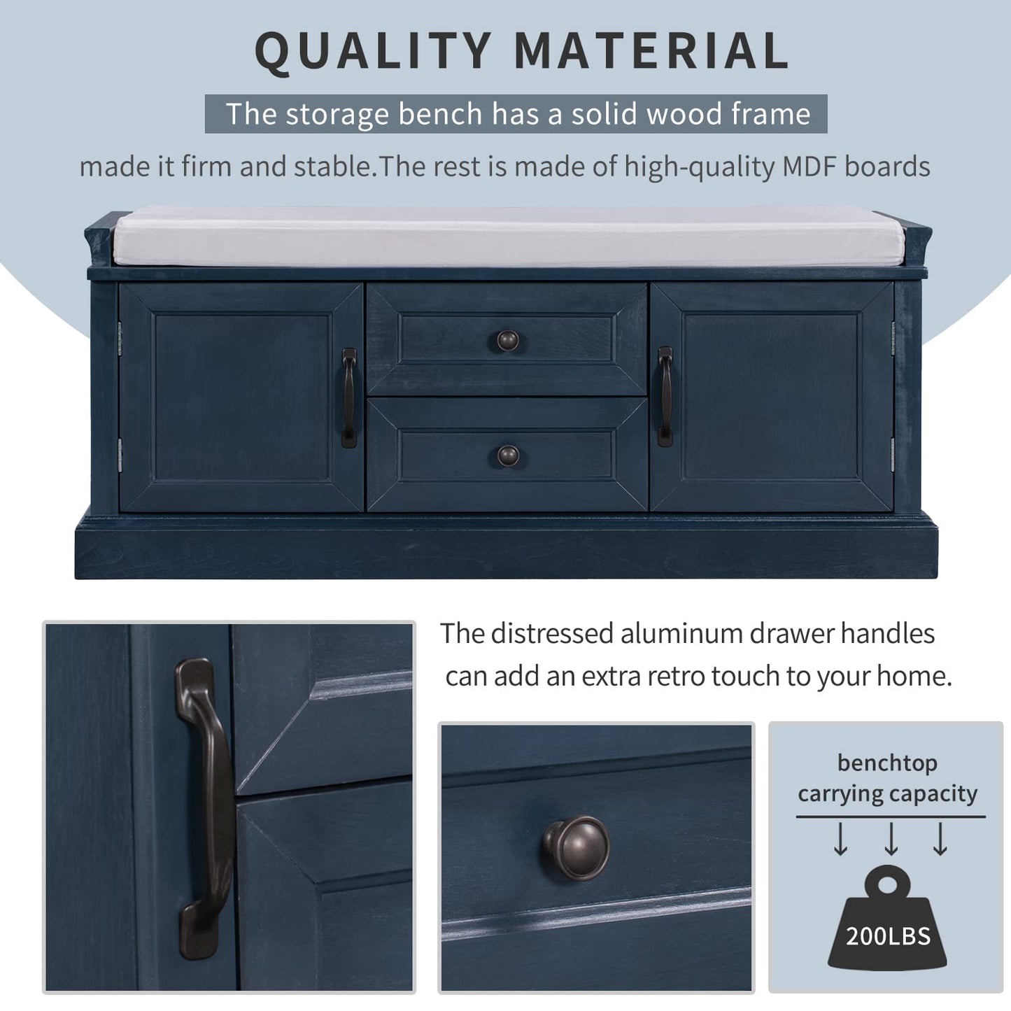 Acosure 42″ Storage Bench with 2 Drawers and 2 Cabinets，Multipurpose Entryway Shoe Rack W/Removable Cushion，for Living Room Hallway Porch,Antique Navy