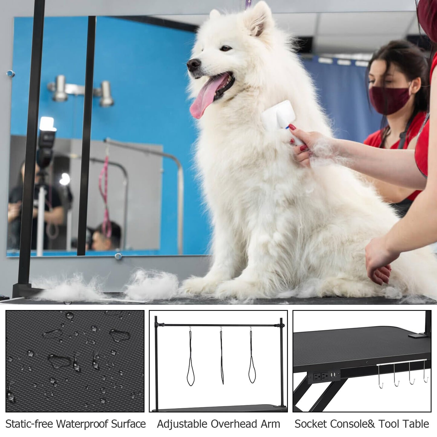 GarveeLife 47” Electric Lift Dog Grooming Table (White), Heavy Duty Electric Grooming Arm Table for Pets & Large Dogs Adjustable Height: 9.4"-39.4" Non-slip Desktop with Gantry Crane Set