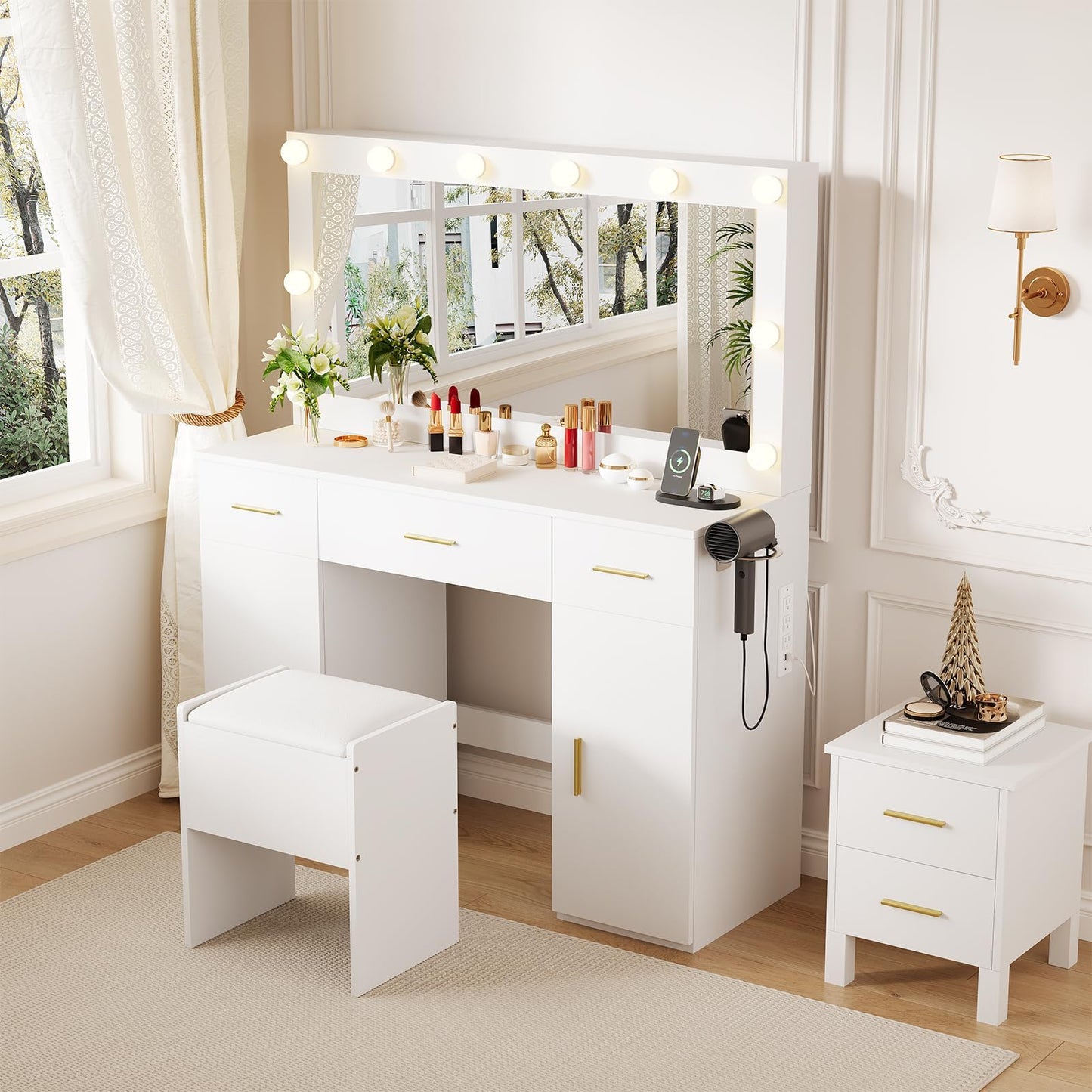45" Vanity Desk with Large Mirror and Lights, Makeup Vanity Desk with 3 Color Lighting, 3 Drawers, 2 Cabinets, Power Outlets, Hair Dryer Rack, White Dressing Table Set with Hidden Storage Stool