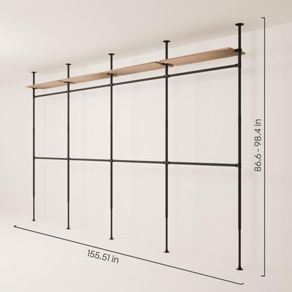 pamo Industrial Pipe Clothing Rack with Shelf - 660 lbs Capacity - Clamping Clothes Rack and Walk In Closet with Oak Shelf for Wardrobe