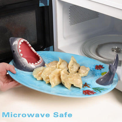 Glazery Shark Charcuterie Board, Shark Fish Sushi Plates, Handmade Ceramic Taco Holder, Funny Sharks Party Platter Tray with Dipping Sauce Bowl, Holiday Birthday Gifts for Sharks Party Lovers
