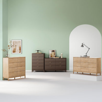 LINSY Fluted 6 Drawer Dresser for Bedroom, 54" Wide Mid-Century Modern Tall Chest of Drawers, Deep Storage Dresser with Curved Corner Design, Large Accent Wood Cabinet for Bedroom, Oak