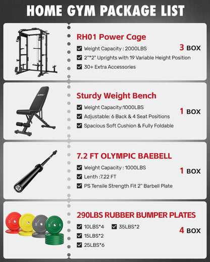 GOIMU RH01 Power Cage Rack, 2000LBS Squat Rack with with Cable Crossover System&LAT Pull Down System, Multi-Function Workout Cage for Home&Garage Gym (Black, RH01 Power Cage with 290LB C Weights)