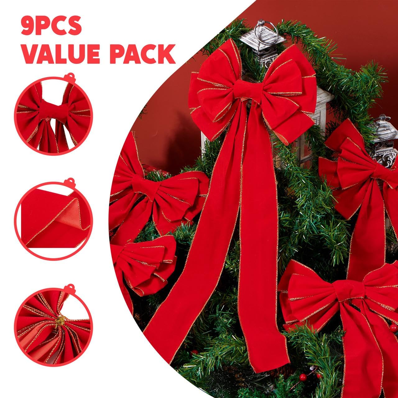 JOYIN 3PCS Big Red Velvet Christmas Bows, 30.7" Long by 10.6" Wide Giant Velvet Decor for Christmas Tree, Large Wreath Bows, Indoor Outdoor Holiday Xmas Decorations