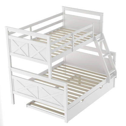 Merax Twin Over Full Wood Bunk Bed Withe Trundle and Safety Guardrail for Teens, Guests，No Box Spring Needed, White