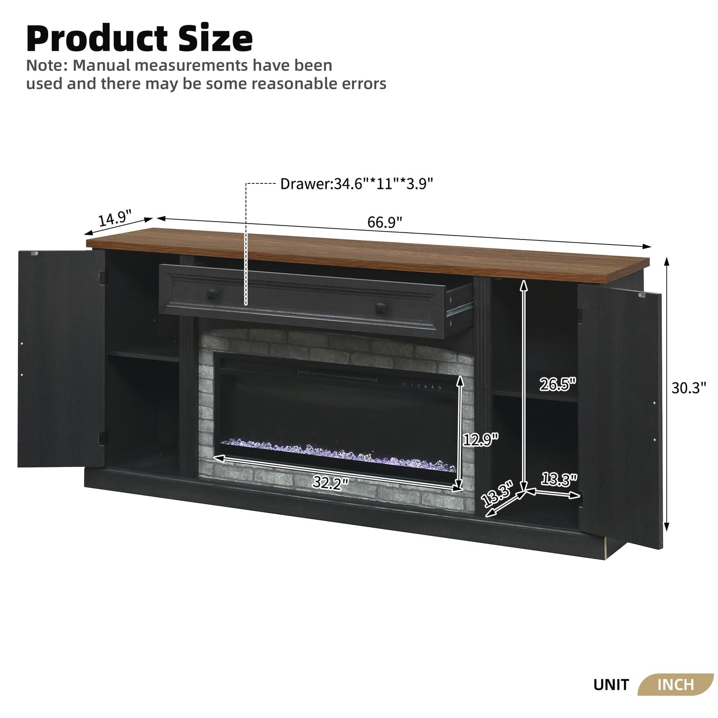 Merax Electric Fireplace TV Stand with Storage, Farmhouse Entertainment Center for Living Room, Heater Unit with Adjustable Shelves & Cable Management, MDF Wood Media Console Table, Black