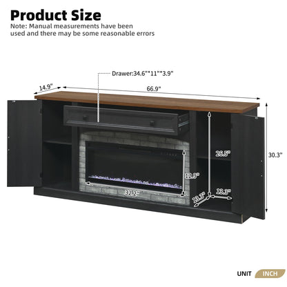 Merax Electric Fireplace TV Stand with Storage, Farmhouse Entertainment Center for Living Room, Heater Unit with Adjustable Shelves & Cable Management, MDF Wood Media Console Table, Black