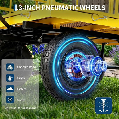 4-in-1 Heavy Duty Steel Garden Yard Cart - 1500 lbs Capacity - 13 Inch All-Terrain Wheels - Removable Mesh Sides - Dark Green Frame, Yellow Hubs, Black Handlebars