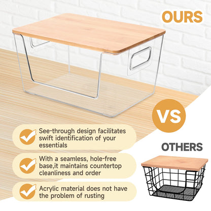 2 Set Pantry Organizer and Storage, Stackable Trash Bag Dispenser Clear Acrylic Kitchen Counter Pantry Baskets for Potato, Onion, Produce, Fruit, Vegetable, Snack, Trash Bag Holder with Bamboo Lid