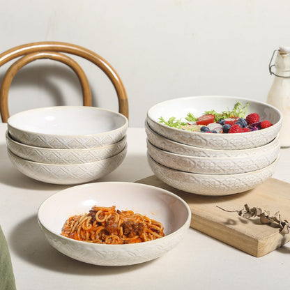 Feenmai 8" Ceramic Pasta Bowls, 22 Oz Serving Bowls Set of 4, Porcelain Shallow Soup Bowl, Embossed Serving Dishes for Pasta, Fruit, Salad, Housewarming Gift, Dishwasher Safe