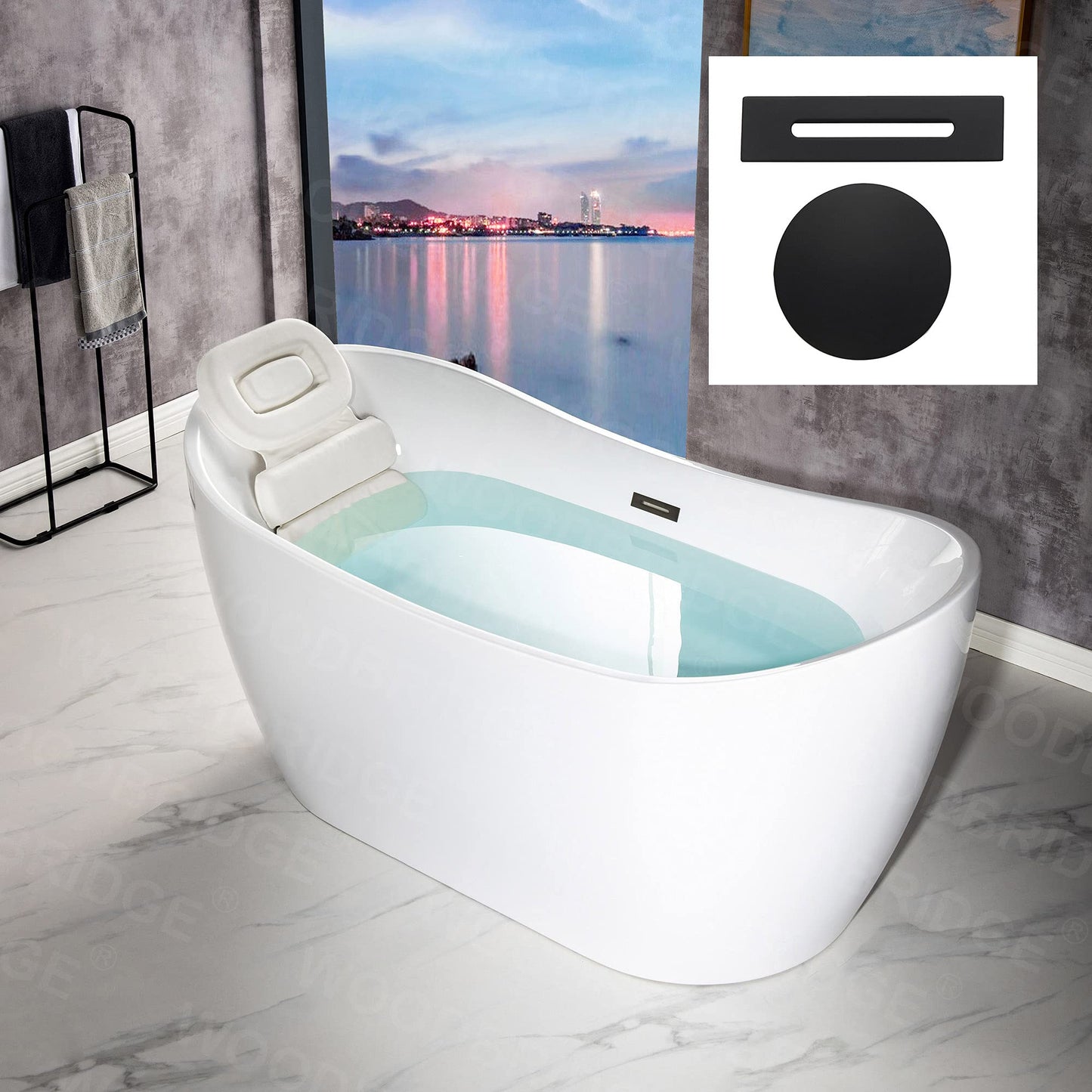 WOODBRIDGE 59" Acrylic Freestanding Bathtub Contemporary Soaking White Tub with Matte Black Overflow and Drain，BTA1516 -MB-Drain &O+ Pillow