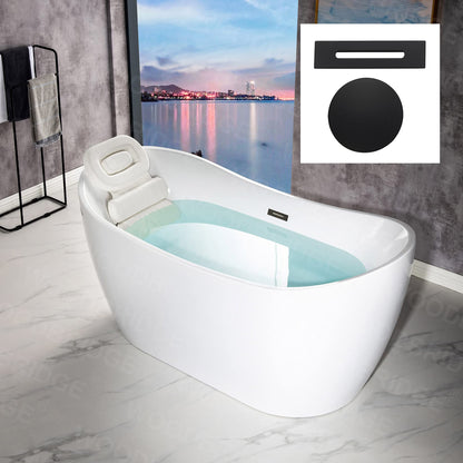 WOODBRIDGE 59" Acrylic Freestanding Bathtub Contemporary Soaking White Tub with Matte Black Overflow and Drain，BTA1516 -MB-Drain &O+ Pillow