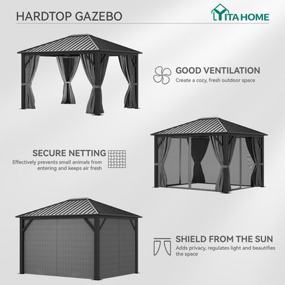YITAHOME 10'X12' Single Hardtop Gazebo Metal Outdoor Patio Galvanized Iron Aluminum Column Garden Tent Curtains Netting for Backyards Decks Lawns,Gray