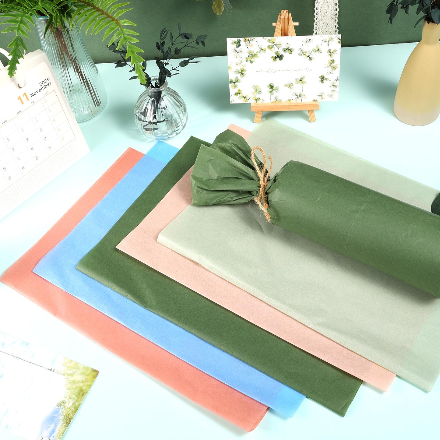 120 Sheets Morandi Series Gift Tissue Paper for Gift Bags, 20 x 14 Inch Sage Green Dark Green Cinnamon Light Blue Wrapping Paper for Birthday Wedding Baby Shower Art Crafts Christmas Party Supplies