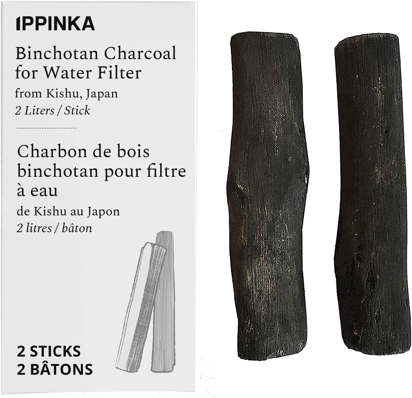 Binchotan Charcoal Water Purifying Sticks, Filters up to 2 Liters, Kishu, Japan, 2 Sticks