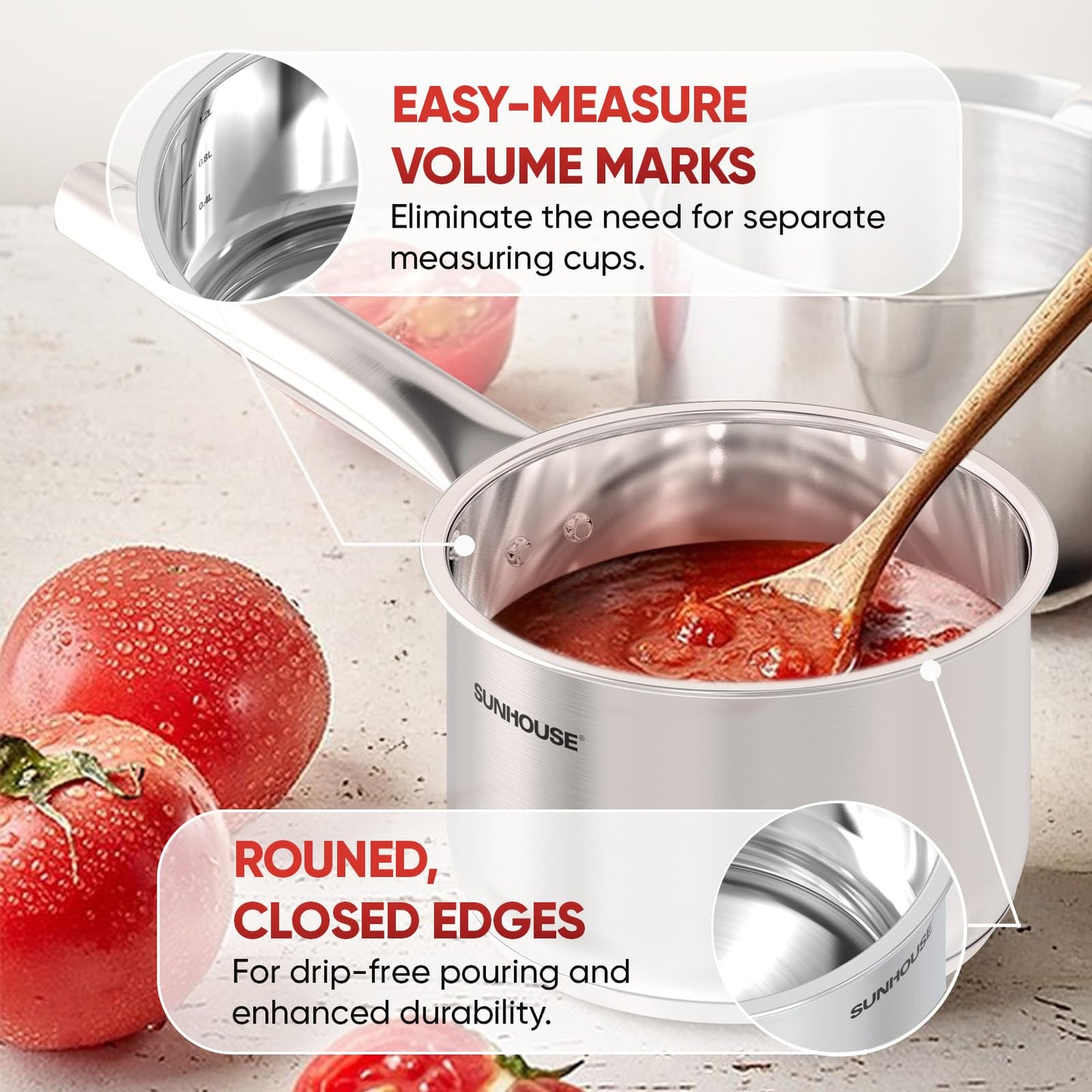 SUNHOUSE – 3 Quarts Stainless Steel Sauce Pan with Lid - PFOA-Free, Stainless Steel Sauce Pan, Advanced Impact Bonding Induction Base, Stay-Cool Handle, Compatible with All Cooktops