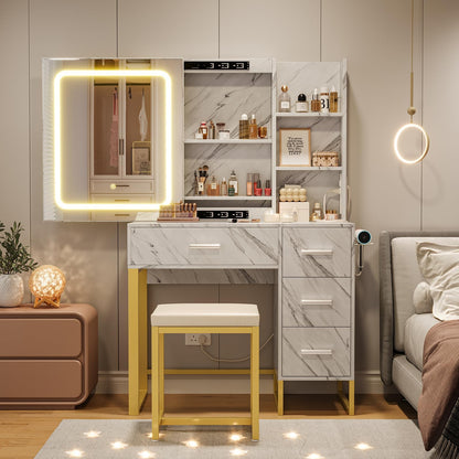 57'' Large Vanity Desk with Mirror & Lights, Makeup Vanity Table with Charging Station, 3 Lighting Modes, Elegant Vanity Set with 4 Drawers and Shelves, Cushioned Stool,Marble White