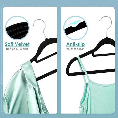 DUDUCOFU Velvet Hangers - Non-Slip Felt Clothes Hangers, 30 Pack Black Slim Design with 360° Swivel Hook