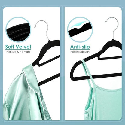 DUDUCOFU Velvet Hangers - Non-Slip Felt Clothes Hangers, 30 Pack Black Slim Design with 360° Swivel Hook