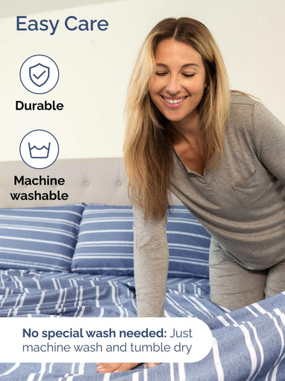 Skiennix Extra Deep Split King Sheet Set - 7 Piece Breathable Cooling Bedding - Soft Wrinkle-Free Blue Stripes