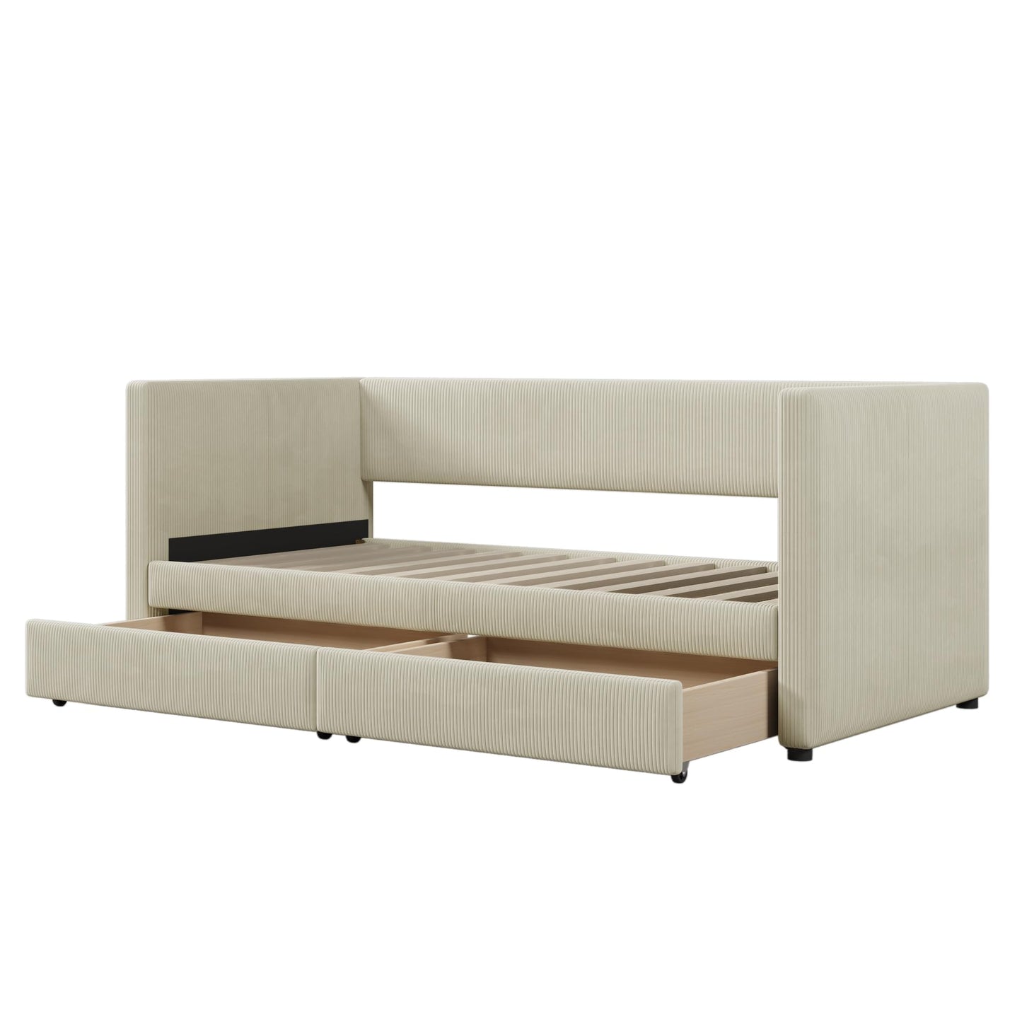 Merax Twin Size Corduroy Daybed with Two Drawers and Wood Slat,Sofa Bed Frame for Bedroom,Teens,Beige