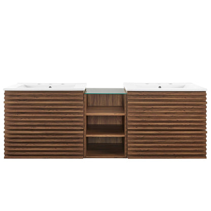 Modway Render 62 Inch Mid-Century Modern Floating Bathroom Vanity with Double Sink in Walnut White – Wall-Mount Vanity with Storage Cabinet and Dual Ceramic Sinks