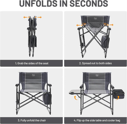 Timber Ridge XXL Oversized Directors Chair - Heavy Duty 600lbs Camping Chair with Cooler Bag & Table - Grey