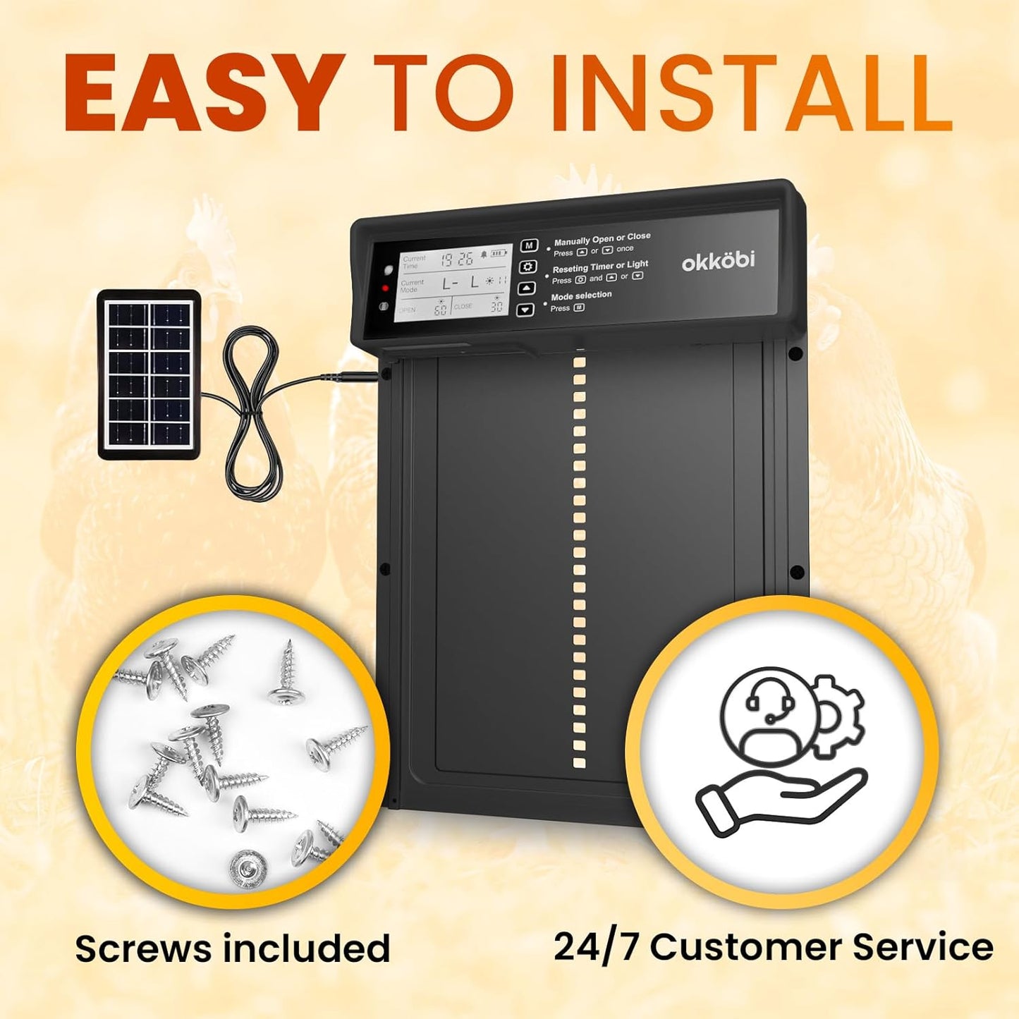 Anti-Pinch 5-Year Okkobi Automatic Chicken Coop Door Solar Powered - LCD Display - Chicken Coop Door with Light Sensor