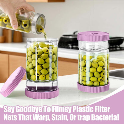 LIVSGNISTA Upgraded 40oz Glass Pickle Jar with Time Tracker–Pickle Container with Strainer Flip Leak-Proof,Auto Venting,Easy Clean Design Hourglass Pickle Juice Separator(Purple)