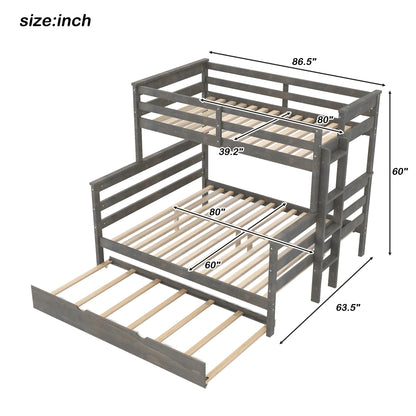 Merax Twin XL Over Queen Bunk Bed Wood Detachable Bunk Bed with Trundle & Ladder, Multifunction Bunk Bed,Can be Separated into 3 Beds, No Box Spring Needed,Space Saving,Gray