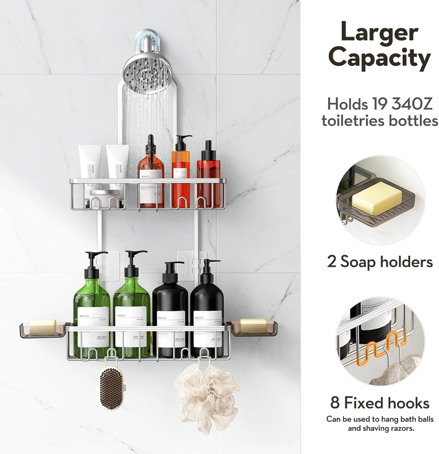 Skiennix Shower Caddy - Rust-Free Aluminum Organizer with Hooks & Soap Holder - Bright Silver